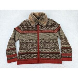 VTG Cambridge Dry Goods 100% Wool Sweater Size L Brown Full Zip Faux Fur Collar
